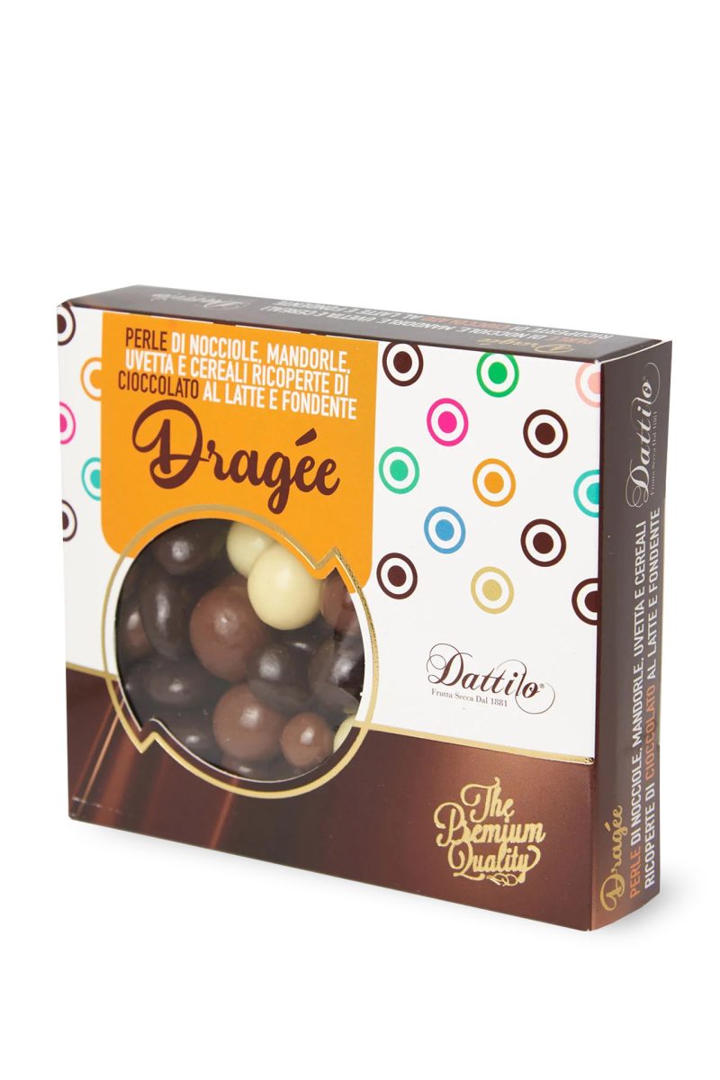 Dragée di frutta secca e cereali ricoperti di cioccolato